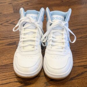 adidas Woman’s  White High-Top Sneakers with Light Blue Trim Size 8.5